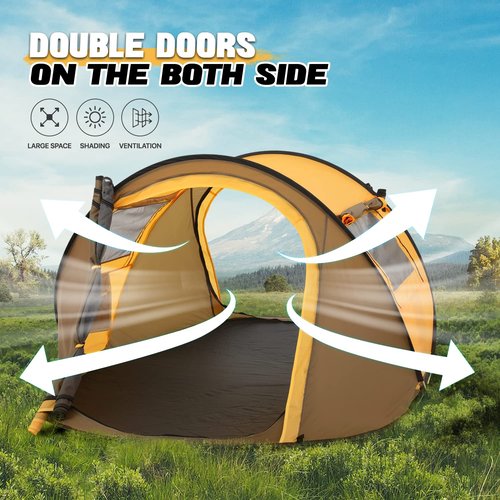 MoNiBloom Tent for Camping 3 Person Outdoor Pop Up Easy Set Up Automatic Family Travel Weatherproof Tent, 2 Doors and Side Windows Instant Easy Popup Beach Tent with Carry Bag, Earth Yellow