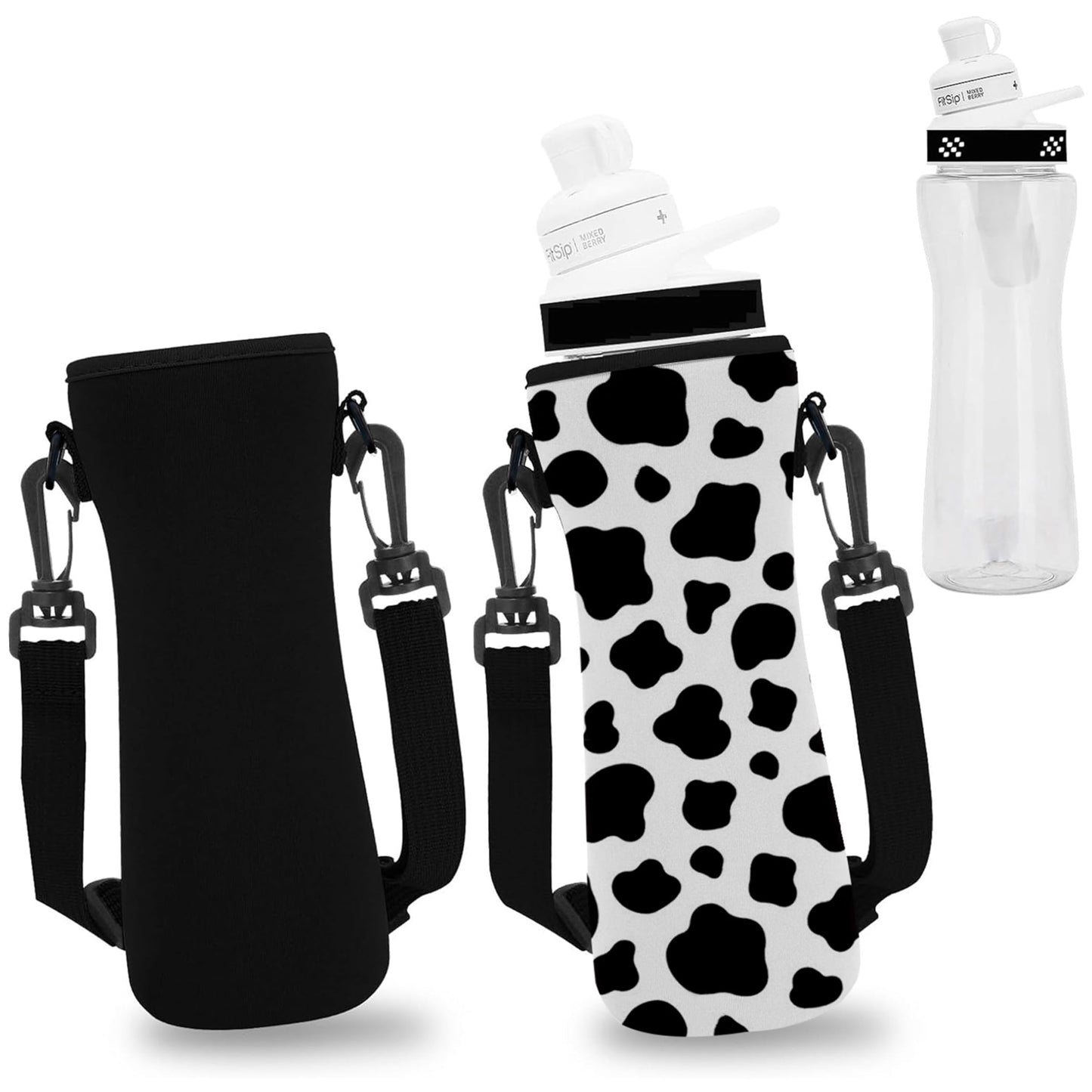 ARefugen 2Pcs Neoprene Insulated Sleeve for 32 oz Cirkul Water Bottle - Holder Carrier with Shoulder Strap (Cow and Black)
