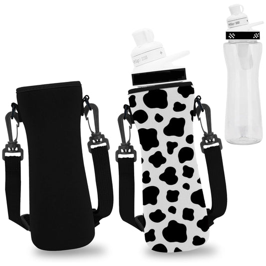 ARefugen 2Pcs Neoprene Insulated Sleeve for 32 oz Cirkul Water Bottle - Holder Carrier with Shoulder Strap (Cow and Black)