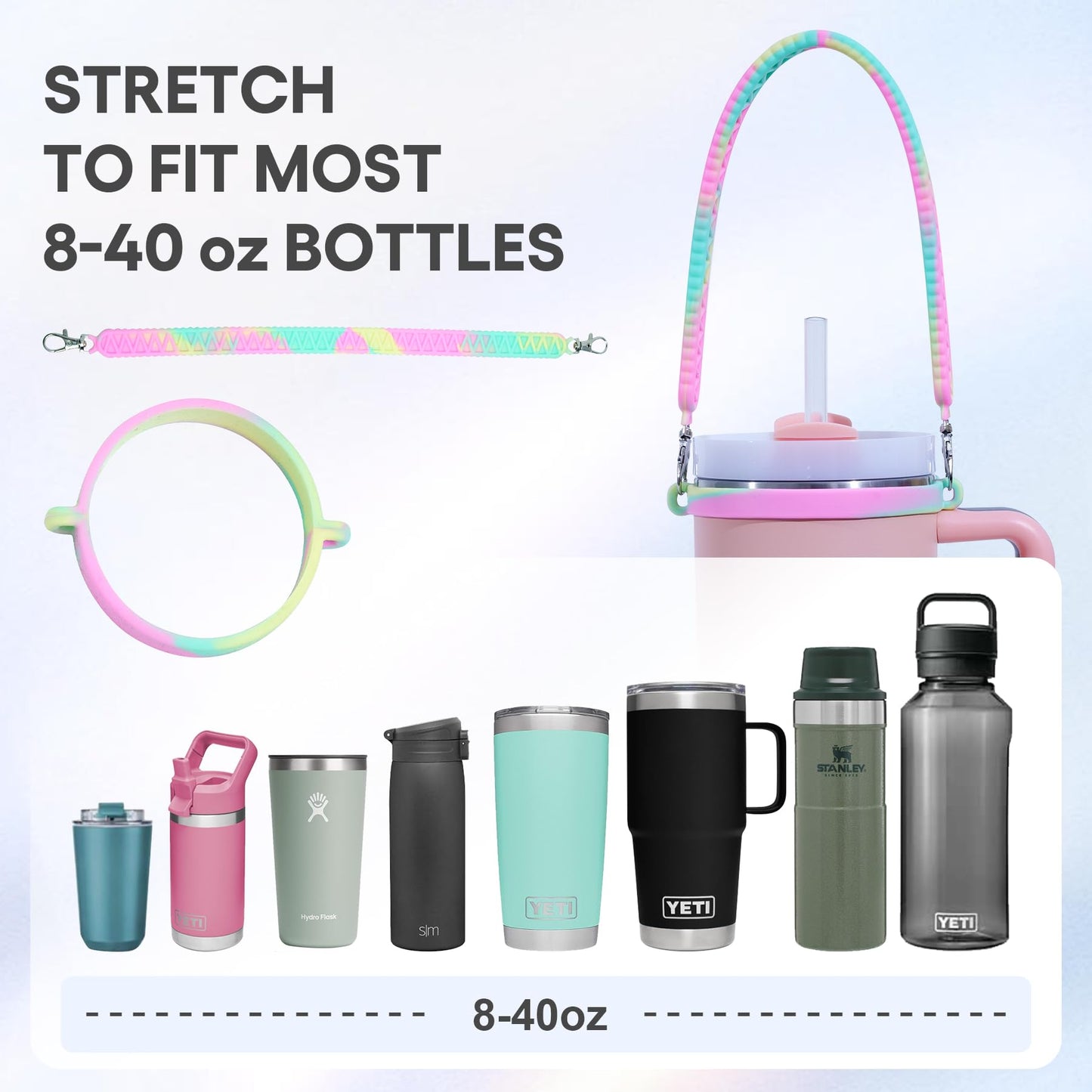 Jahao Silicone Water Bottle Sling, Carrier, Holder with Strap - Shrinkable Cup Sling Fit with Most 8-40oz Water Bottle, Tumbler Accessories for Stanley Cup, Water Bottle Handle for Walking (Purple)