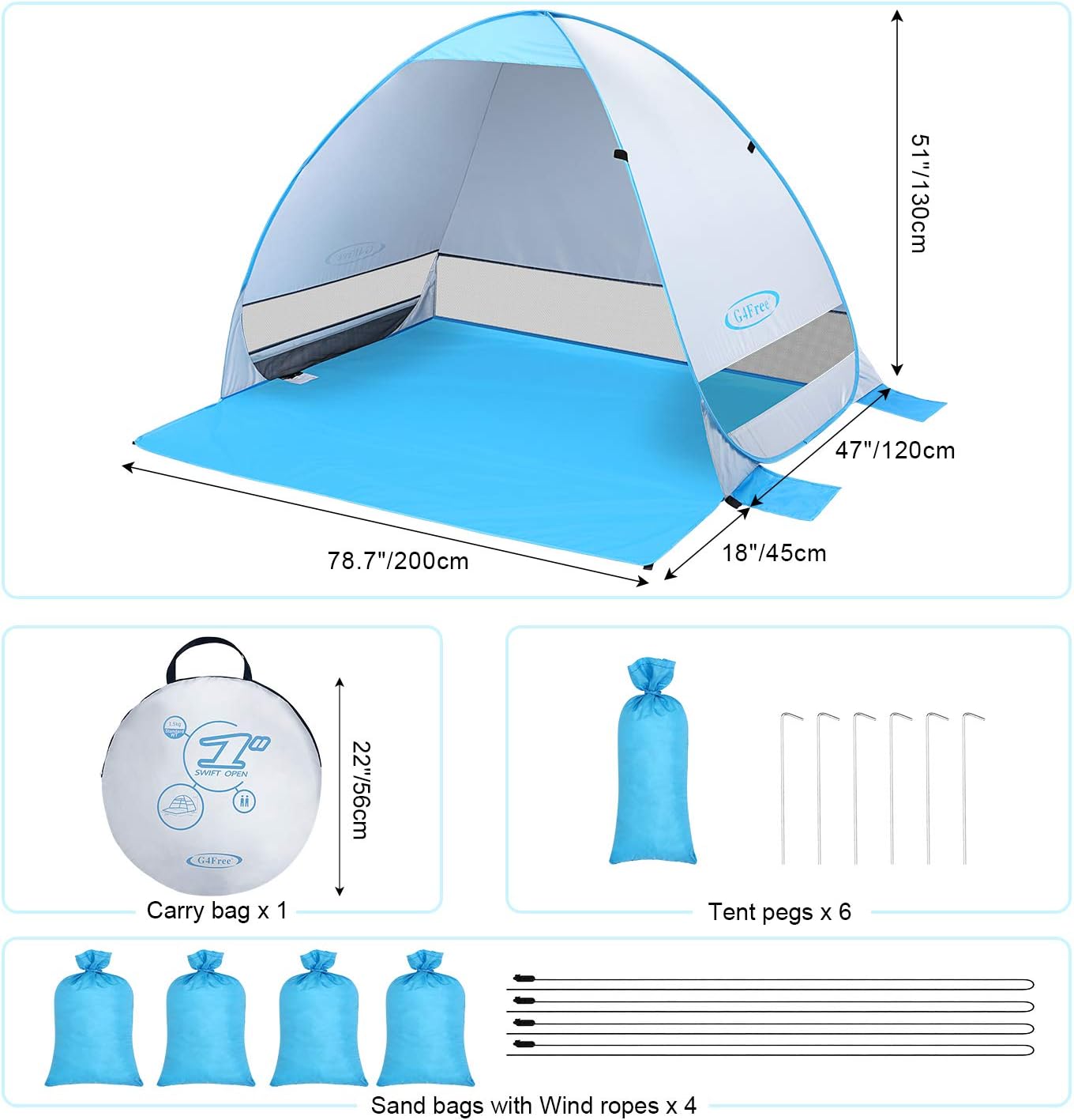 G4Free Large Pop up Beach Tent for 3-4 Person, UPF 50+ Automatic Sun Shelter Canopy Portable Outdoor Cabana Sun Umbrella