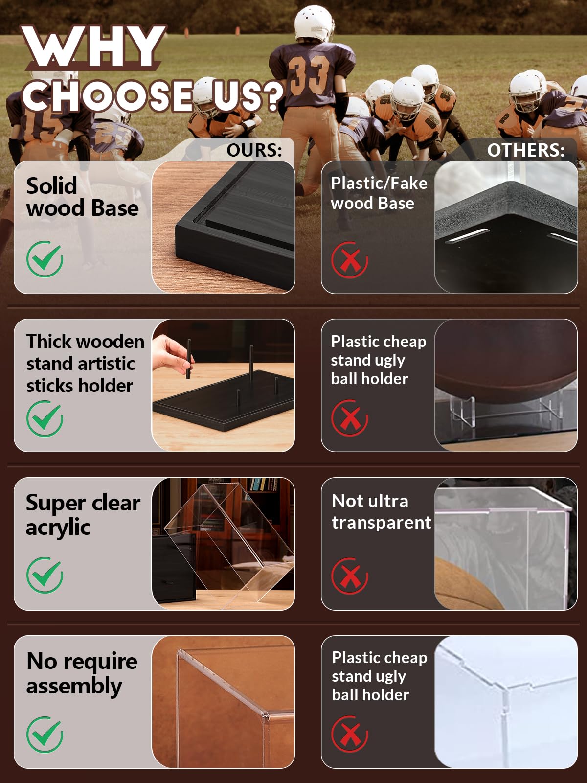 JupDec Football Display Case Full Size, Acrylic Clear Box with Wood Stand, UV Protected Memorabilia Holder, for Football Fans & Collectors, Sports Collectibles, No Assembly Required, Black