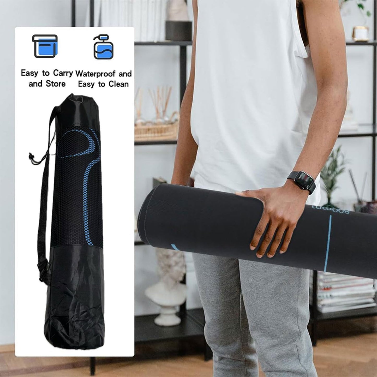 Exercise Equipment Mat with Storage Bag for Ab Roller Wheel Non-Slip Gym Floor Pad 7mm Extra Long Sound Insulation Knee Yoga Mat For Floor Workouts (Blue-Black(B), 71"L X 28"W X 0.28"H)