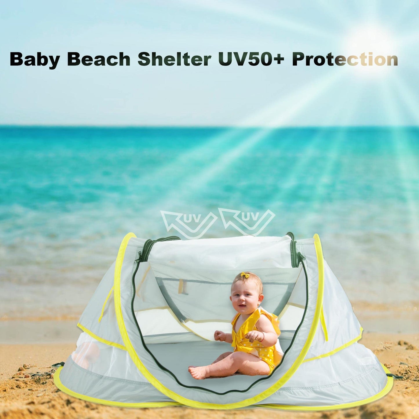 Baby Beach Pop Up Tent - UPF 50+ Sun Shade with Mosquito Net, Sun Shelter for Girls Boys, Beach Umbrella for Infant (Green)