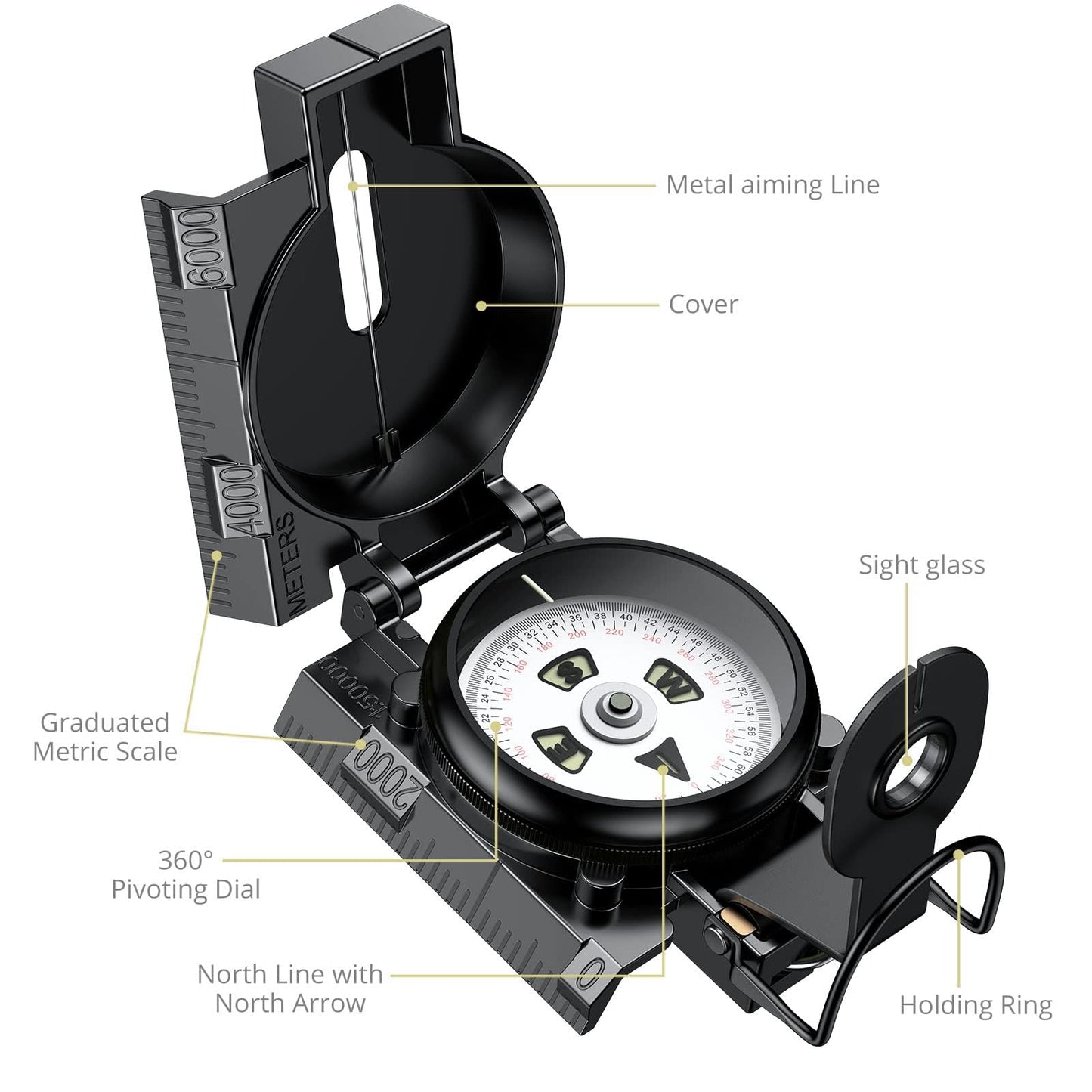Anbte Hiking Compass with Clinometer, Strong Magnetic Intensity 3000 Gauss Professional Military Lensatic Compass Waterproof Hand Held Portable for Navigation Survival Backpacking Camping