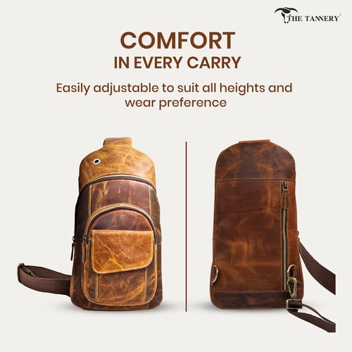 The Tannery Handmade Buffalo Leather Multipurpose Travel Hiking Crossbody Chest Backpack with Adjustable Shoulder Strap (Brown, Large)