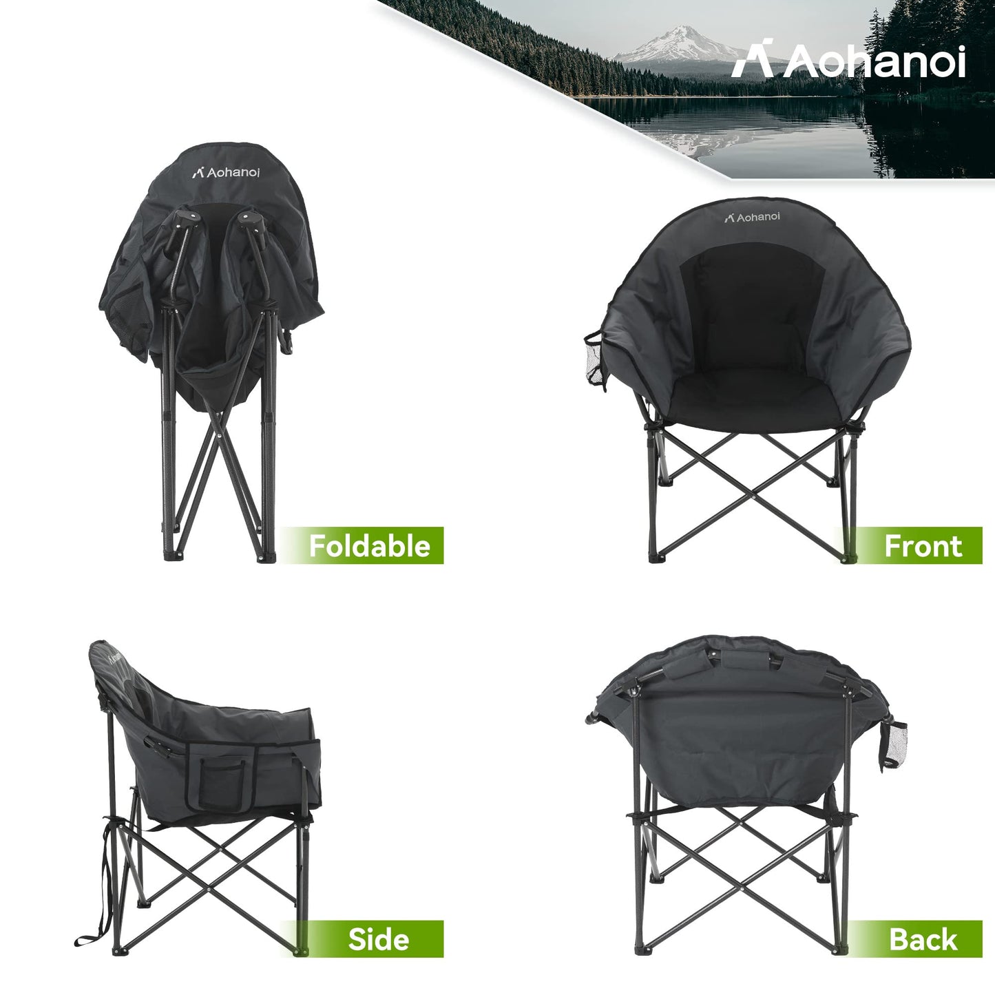 Aohanoi Oversized XL Camping Chairs for Adults, Padded Folding Camp Chair with Extra Wide Seats, Cup Holder & Side Pocket for Outdoor, Lawn, Picnic, Fishing, Sports, Lounge Moon Chairs, Black