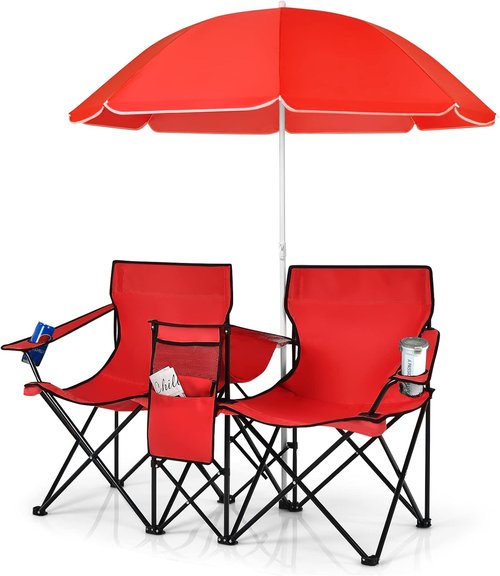 COSTWAY Double Portable Picnic Chairs, Folding Camping Chairs w/Detachable Umbrella, Cooler Bag, Cup Holders, Patio Beach Camping Chairs for Outdoors, Blue
