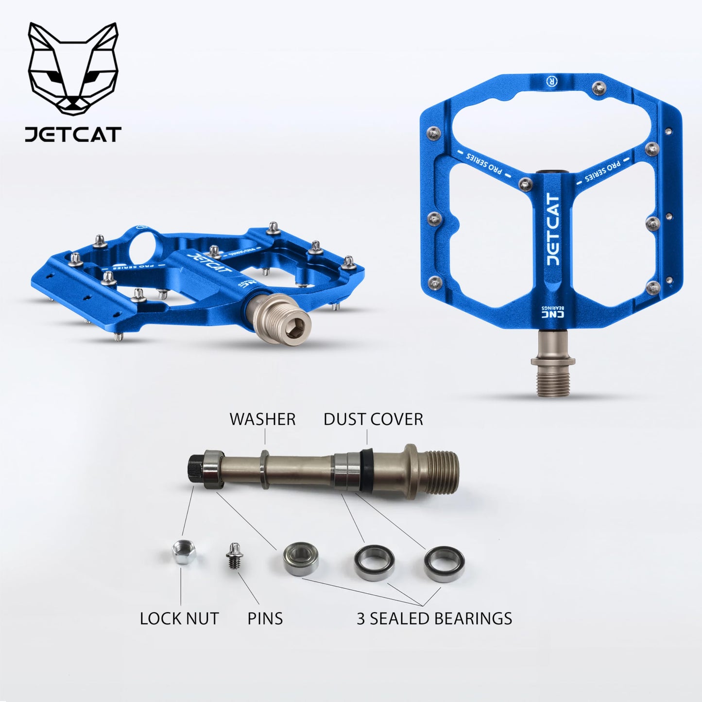 JETCAT Mountain Bike Pedals Flat - MTB Pedals Flat, Bicycle Pedals, Road Bike Pedals, BMX Pedals, for BMX MTN Road Gravel EBike, Specialized Parts, Adults, Aluminum Metal Stamp 9/16" Blue