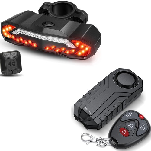 WSDCAM 113dB Bike Alarm & Smart Bike Turn Signals Alarm Set, Bike Alarm Horn with Remote, Auto ON/Off Rechargeable Waterproof Bike Horn Alarm Rear Bike Brake Light Turn Signals Bicycle Tail Light