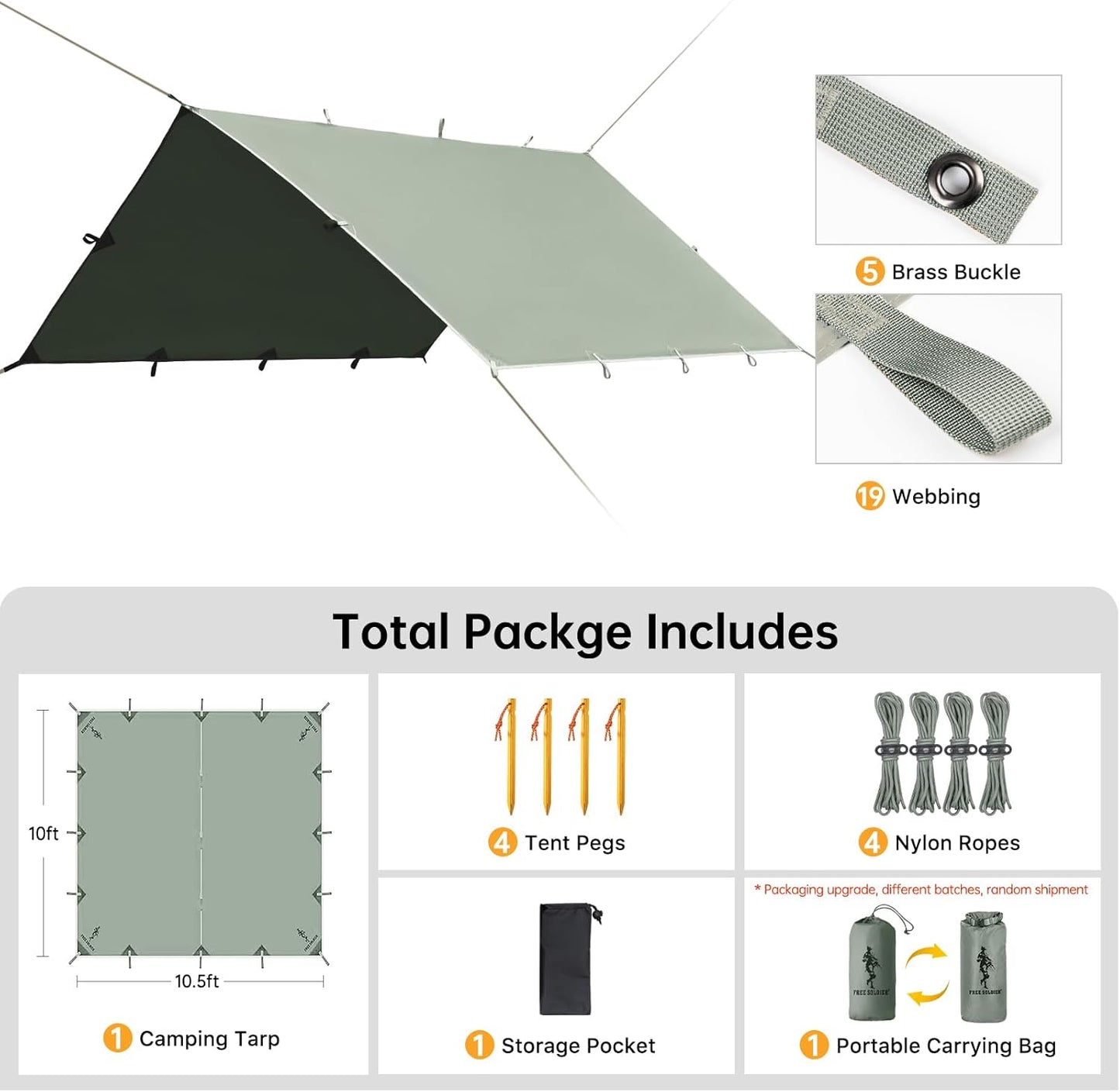 FREE SOLDIER Waterproof Portable Tarp Multifunctional Outdoor Camping Traveling Awning Backpacking Tarp Shelter Rain (Brown 10×10.5ft)