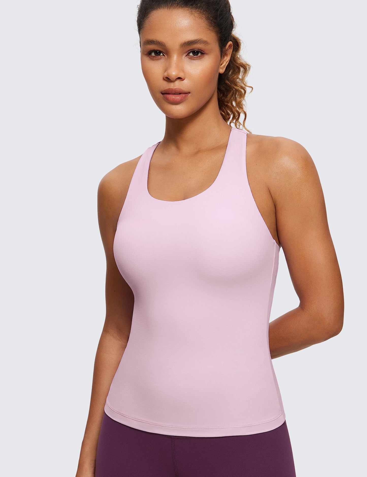 CRZ YOGA Butterluxe Workout Racerback Tank Tops for Women - Padded Athletic Spandex Yoga Shirts with Built in Bra Pink Peony Medium