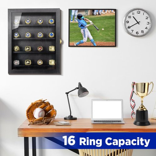 CollectHall Championship Ring Display Case, 16 Ring Posts, 10x12 Shadow Box, Baseball Ring Holder, Wall Mount, Black