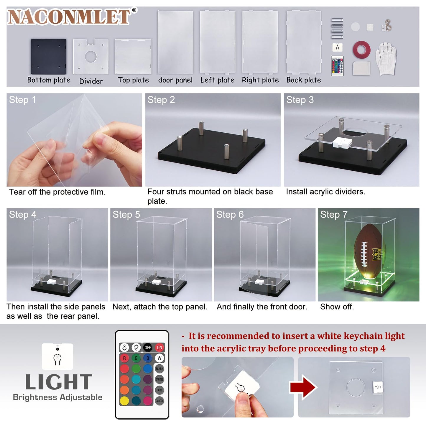 Football Display Case with LED Light-Clear Full Size Football Case Display,UV Protected Memorabilia Holder, for Football Fans & Collectors, Sports Collectibles
