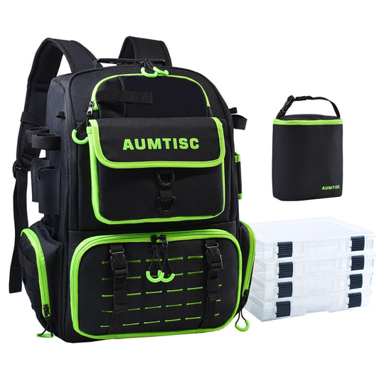 AUMTISC Fishing Tackle Bag Backpack with 2 Rod Holders, 4 Tackle Boxes, Rain Cover & Small Insulated Bag, Large Fishing Backpack for Fish Gear & Equipment
