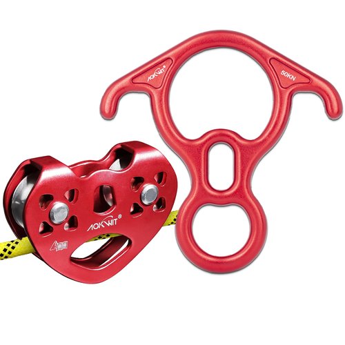 Climbing Descender 50KN Aluminum Alloy Figure 8 Descender Large Bent-Ear Belaying Rappelling Gear Zip Line Pulley Durable Aluminum Stainless Steel Roller Double Climbing Pulley 25KN for Hauling Rescue