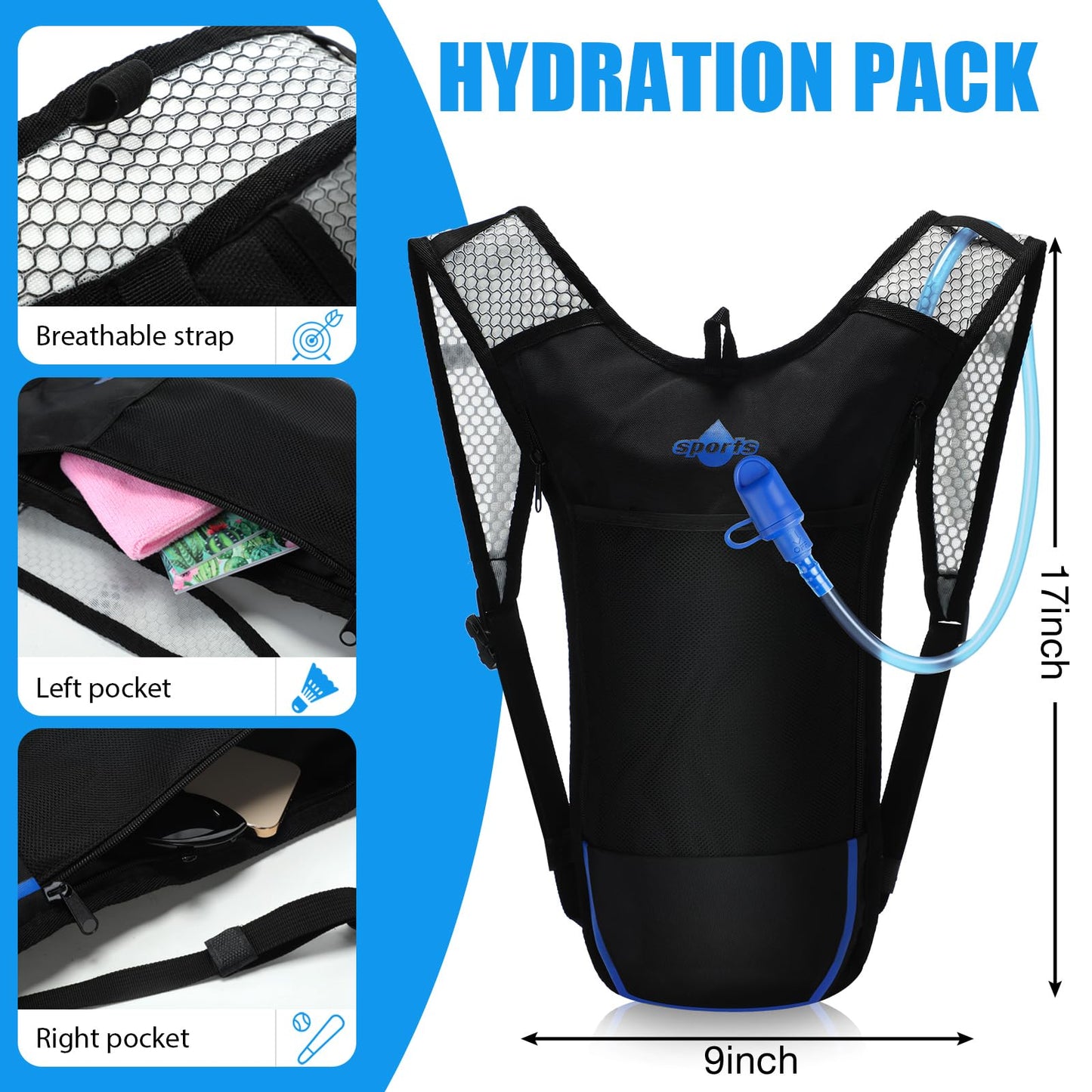 Sweetude 8 Pcs Hydration Backpack Set with 2L Water Bladder for Men and Women Lightweight Water Pack for Cycling Biking Hiking Running Climbing