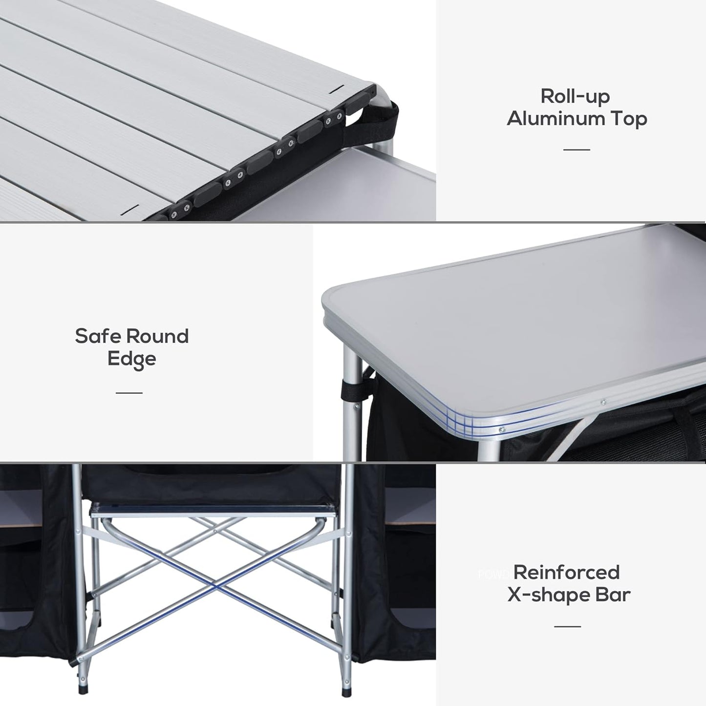 Outsunny Camping Kitchen Table, Aluminum Portable Outdoor Cooking Table, Fold-Up Cook Station with Windscreen and 3 Enclosed Cupboards for BBQ, Party, Picnics, Backyards