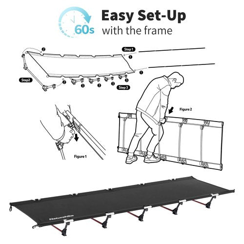 Naturehike Ultralight Camping Cot, Easy to Assemble Folding Tent Cot, Compact & Protable Camping Bed for Camping, Mountaineering, & Hiking, Supports 330lbs with Carry Bag, GreenWild Dark Black