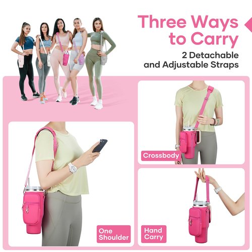 Carrier Bag with Phone Pocket and 2 Adjustbale Straps for Stanley 40oz Tumbler（Hot Pink+Purple）