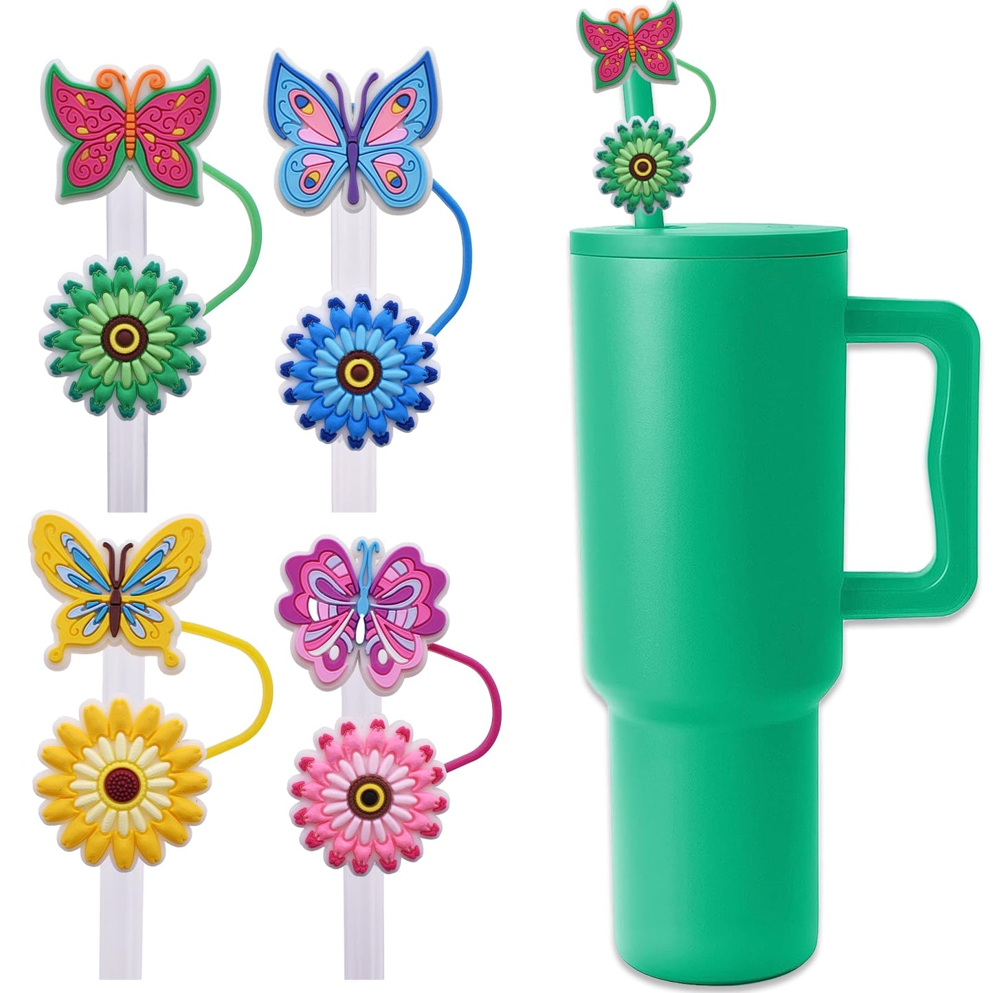 Amreich 8mm Butterfly Straw Cover - Cute Flower Design Straw Toppers for Simple Modern and Hydro Flask Tumblers Accessories
