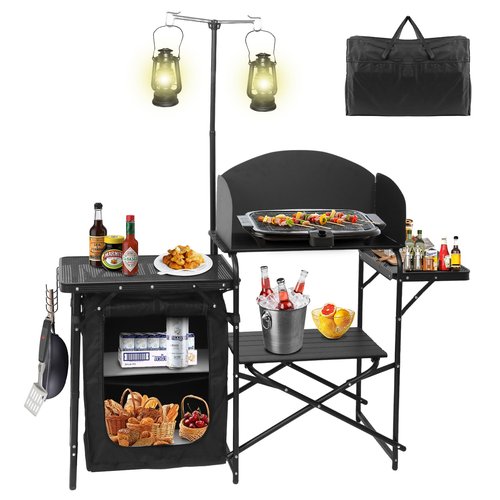 CDEN Camping Kitchen Station, Camping Table, Grill Table, with Light Stand and Windshield Cooking Station, outdoor