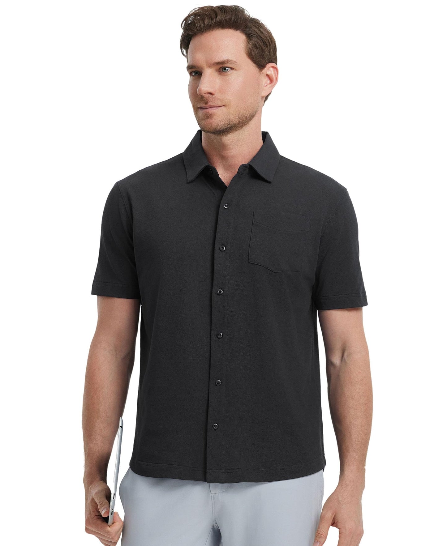 M MAELREG Mens Short Sleeve Button Down Shirt Pique Performence Business Cotton Blend Casual Fitted Shirt for Men Black