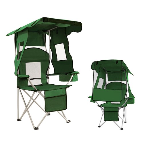 ptlsy Folding Camping Chair with Canopy, Beach Chair with Canopy Shade with Cup Holders, Cooler Bag for Camping, Fishing, Beach, Sports and Concert (Green)