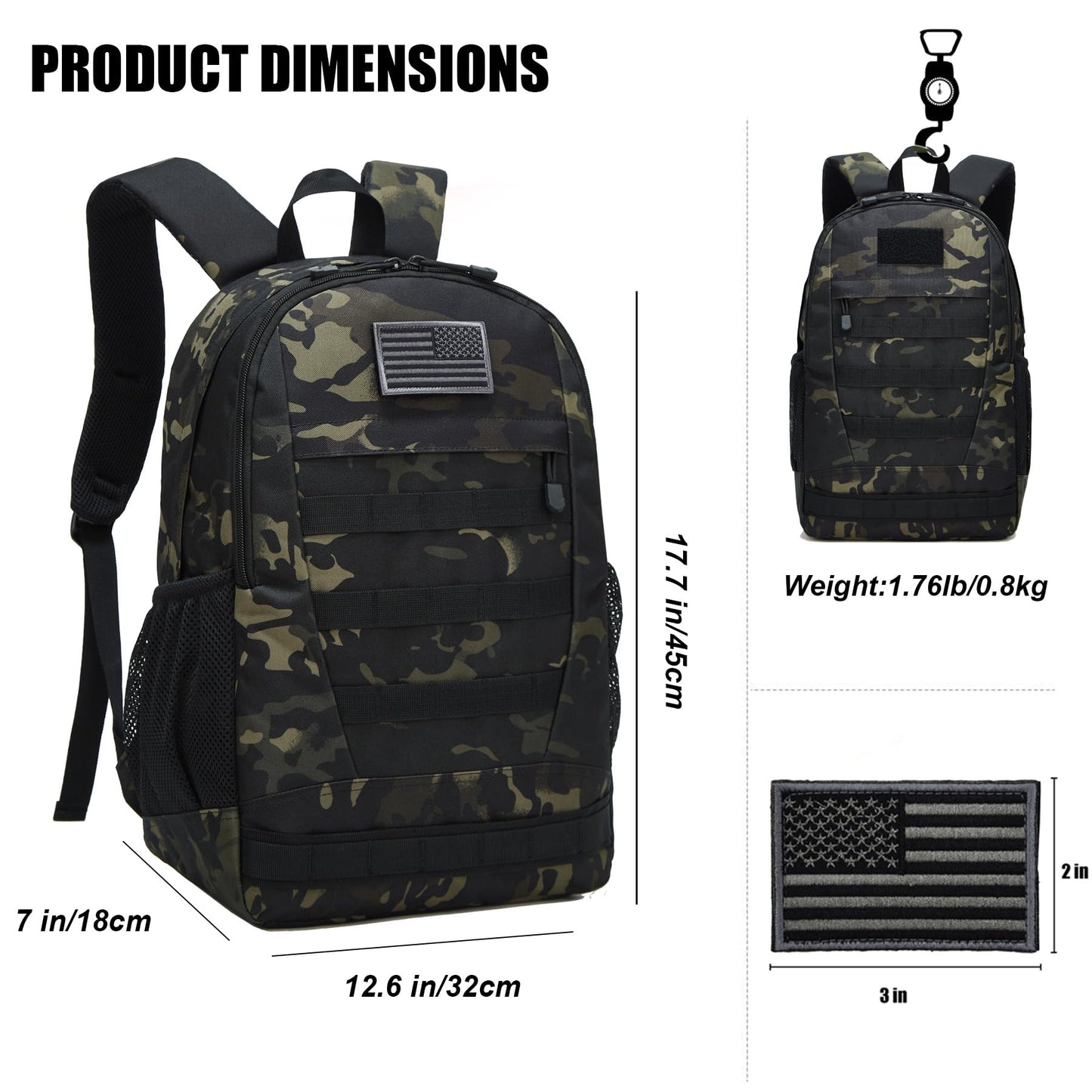 ArcEnCiel Motorcycle Backpack Tactical Bag Army Pack Rucksacks with Patch - Rain Cover Included(Black Camo)