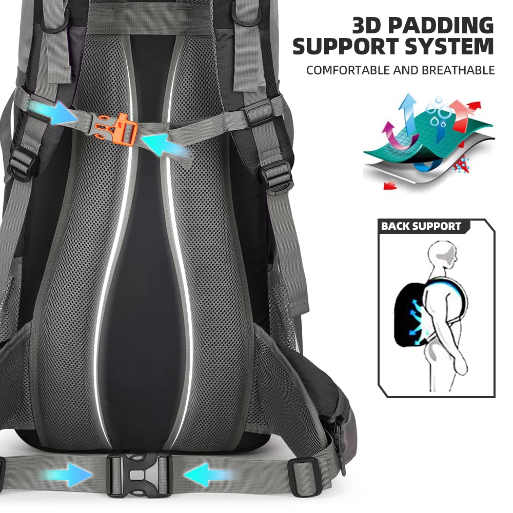 King'sGuard 70L Hiking Backpack Large Lightweight Waterproof Camping Backpack Travel Backpacking Backpack Daypack with Rain Cover -Frameless (Black)