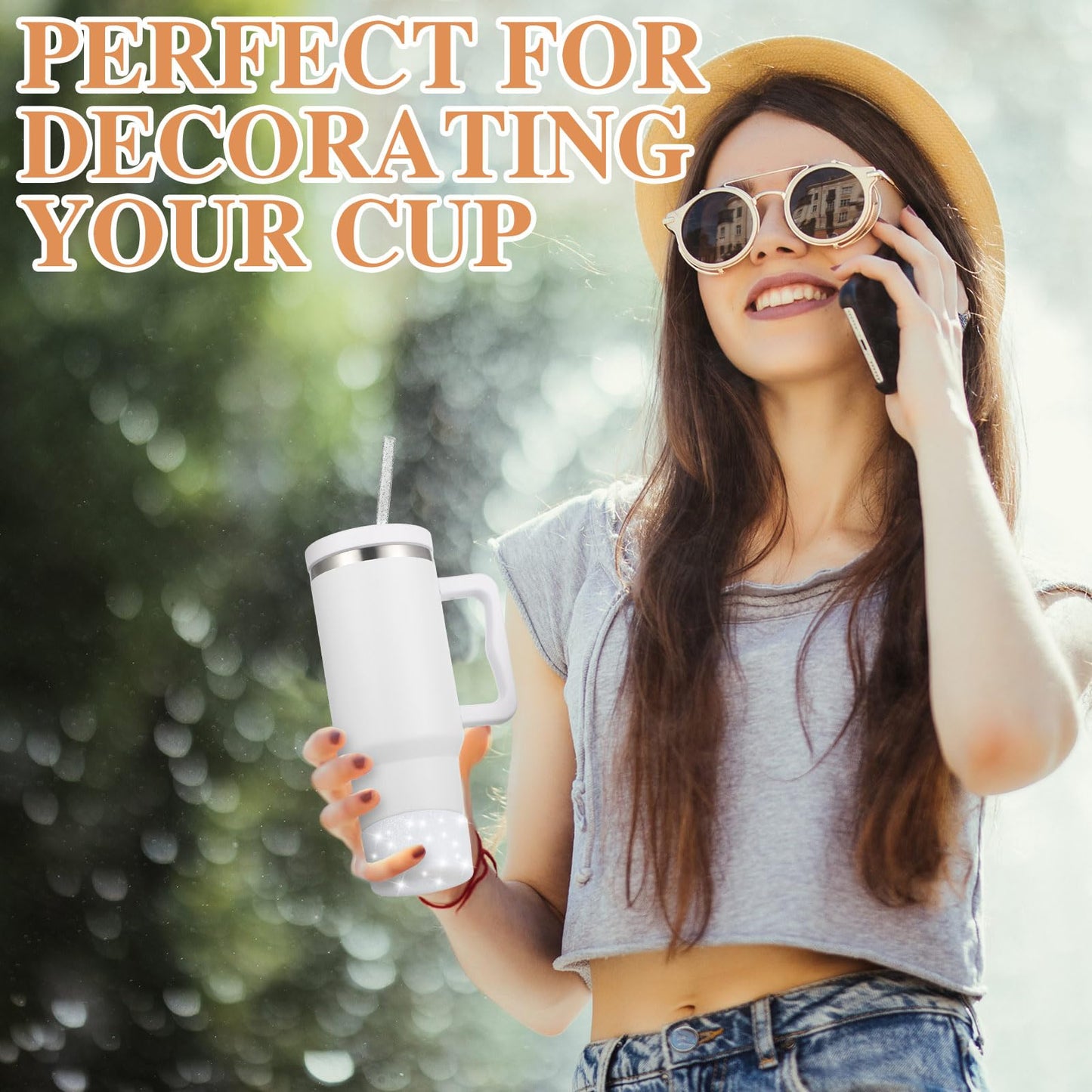 FoldTier 11 Pcs Glitter Silicone Boot Sleeve Compatible with Stanley 40 oz 30 oz Tumbler, 2 Glitter Silicone Boot Sleeve, 6 Plastic Glitter Straw, 2 Straw Cover Cap, 1 Cleaning Brush(White)