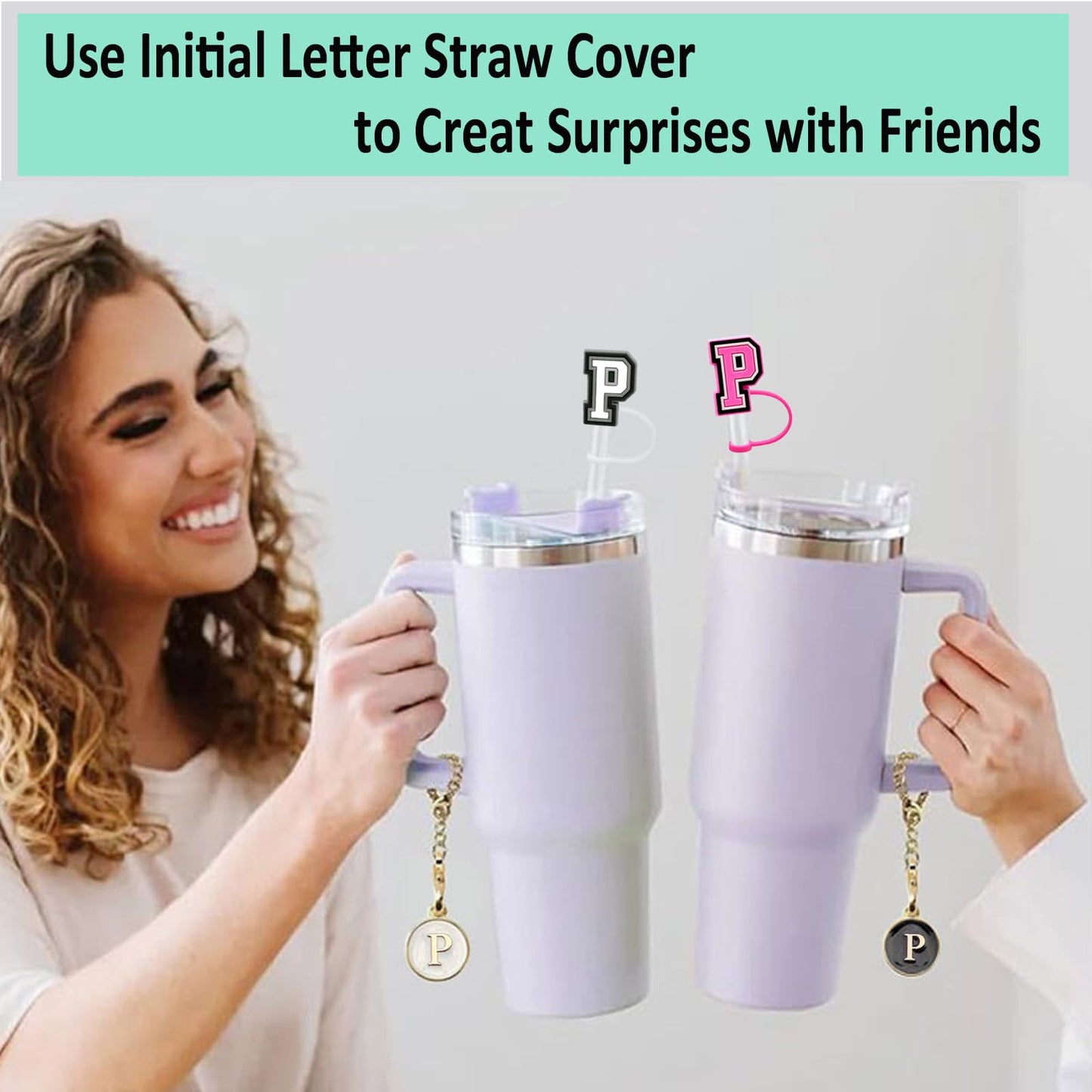2PCS Straw Cover Cap for Stanley Cup 30&40 Oz 10mm Straw Toppers with 2PCS Initial Personalized Letter Charms for Stanley Tumbler (Letter P)