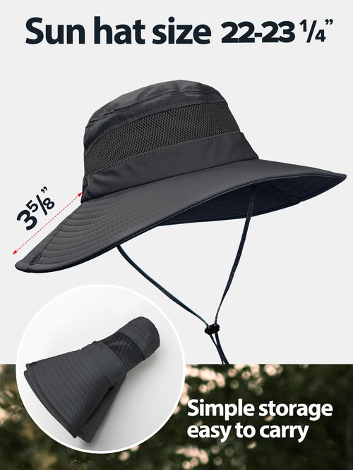 Sun Hat with Ponytail Hole for Women,UPF 50+ UV Protection Wide Brim Safari Hking Waterproof Foldable Beach Bucket Hat Dark Grey