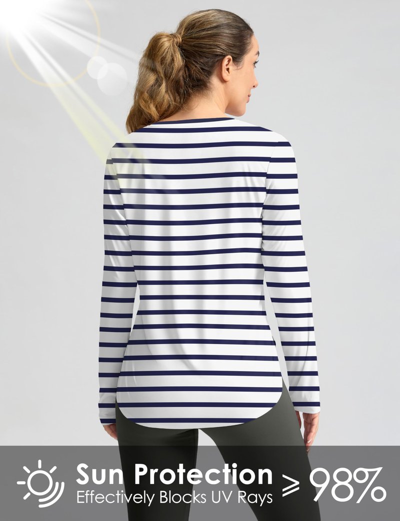 Women's Sun Shirts UPF 50+ Long Sleeve UV Protection Shirt Lightweight Quick Dry Workout Hiking Tops for Women(White/Deep Sea Stripe,S)