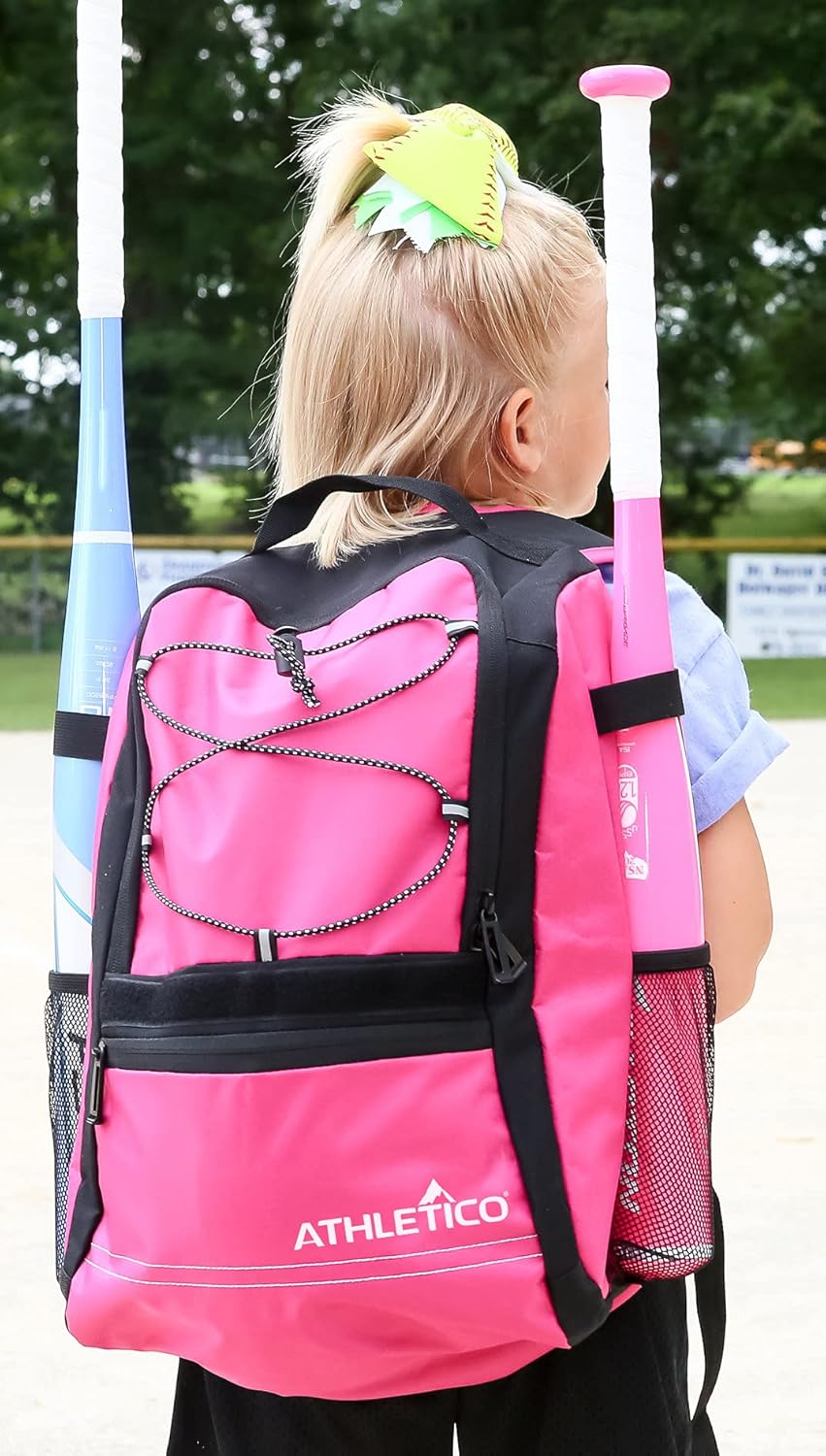 Athletico Youth Baseball Bag - Bat Backpack for Baseball, T-Ball & Softball Equipment & Gear | Holds Bat, Helmet, Glove | Fence Hook (Pink)