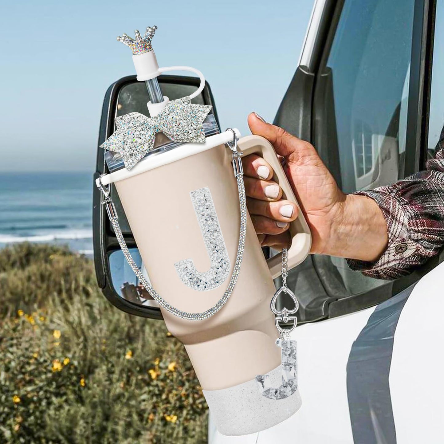 8Pcs Silvery Stanley Cup Accessories Set for Stanley Cup 30&40 Oz Tumbler - Silicone Straw Cover Cap and Boot, Handle Letter Charm, Bow Decoration Initial Sticker, Diamond Water Bottle Handle Strap(J)