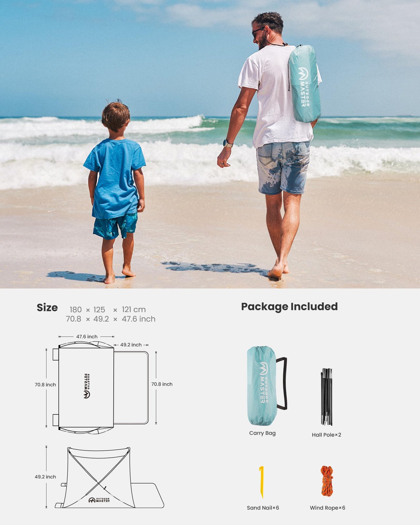OutdoorMaster Beach Tent for 3-4 Person - Easy Setup and Portable Beach Shade Sun Shelter Canopy with UPF 50+ UV Protection Removable Skylight Family Size-Light Green