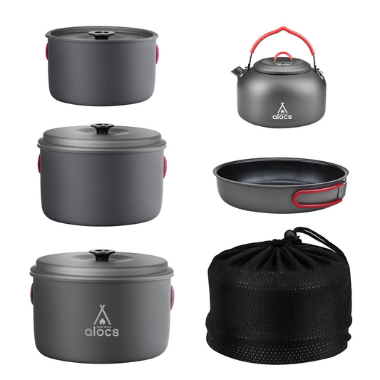 Alocs Compact Camping Cookware Set - Durable Hard Alumina Pots and Pans with Kettle, Ideal for Backpacking, Hiking, Picnic, Includes Mesh Carry Bag