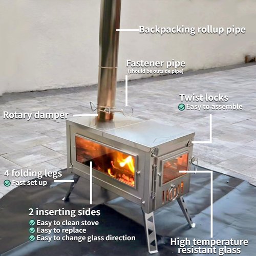 DANCHEL OUTDOOR HS6 Hot Tent Stove with Secondary Combustion & Viewing Window, Portable Camping Wood Stove 304 Stainless Steel with 8.2ft Pipe for Winter Cooking, Hunting