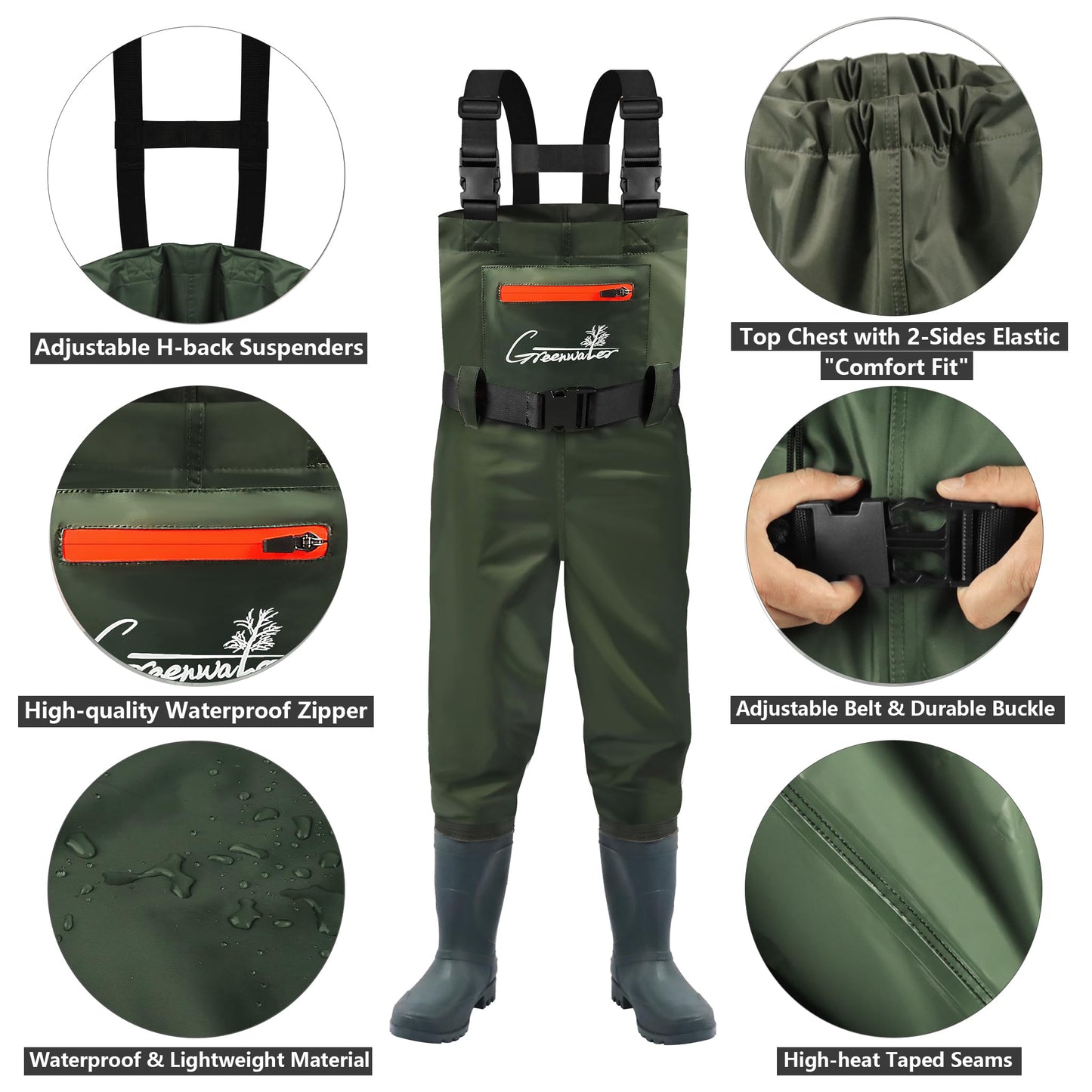 GREENWATER Kids Chest Waders Youth Fishing Waders with Boots Waterproof for Children Boys Girls Hanger & Bag Included (Green, 8-9Y)