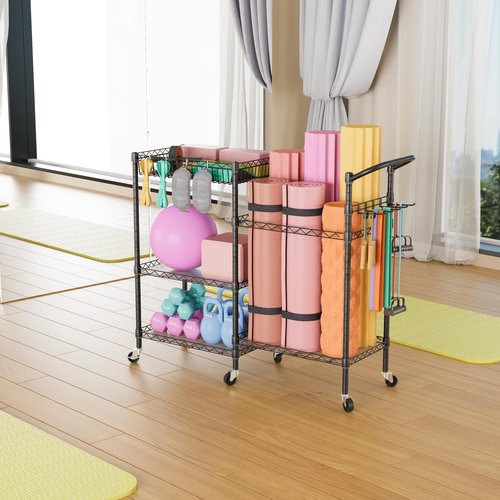 SINGAYE Dumbbell Rack Stand With Yoga Mat Storage, Gym Equipment Organizer, Cart for Workout Room, Home Gym With Hooks and Wheels Black