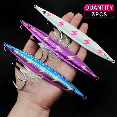 Ghanneey 3Pcs Fishing Jigs Saltwater Speed Jigging Lures with Assist Hooks Sea Fishing Jigging Spoon Lures for Bass Fishing/110g