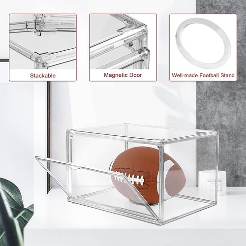 Cutora 2PACK Football Display Case Acrylic Stackable Football Storage Box with Magnetic Door and Stand Mount, Large Clear UV Protection Holder, Fit Full Size Professional Football