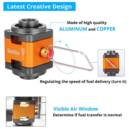 Sondiko Butane/Isobutane Refill Adapter, Fuel Transfer Device, Gas Converter Isobutane Canister Shifter, Gas Saver Plus for Fuel Canister, Backpacking Camping Stove, Burners