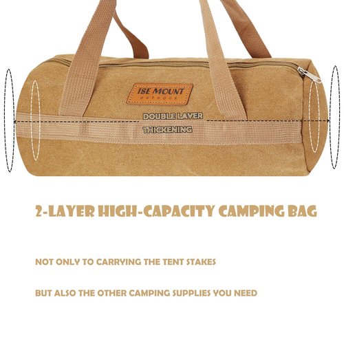 Tentogala Tent Stakes Bag, Double Layer Tent Pole Pegs Storage Bag, Camping Accessories Large-Capacity Canvas Tool Bag with Zipper for Man Camping, Hiking (35cm Khaki)