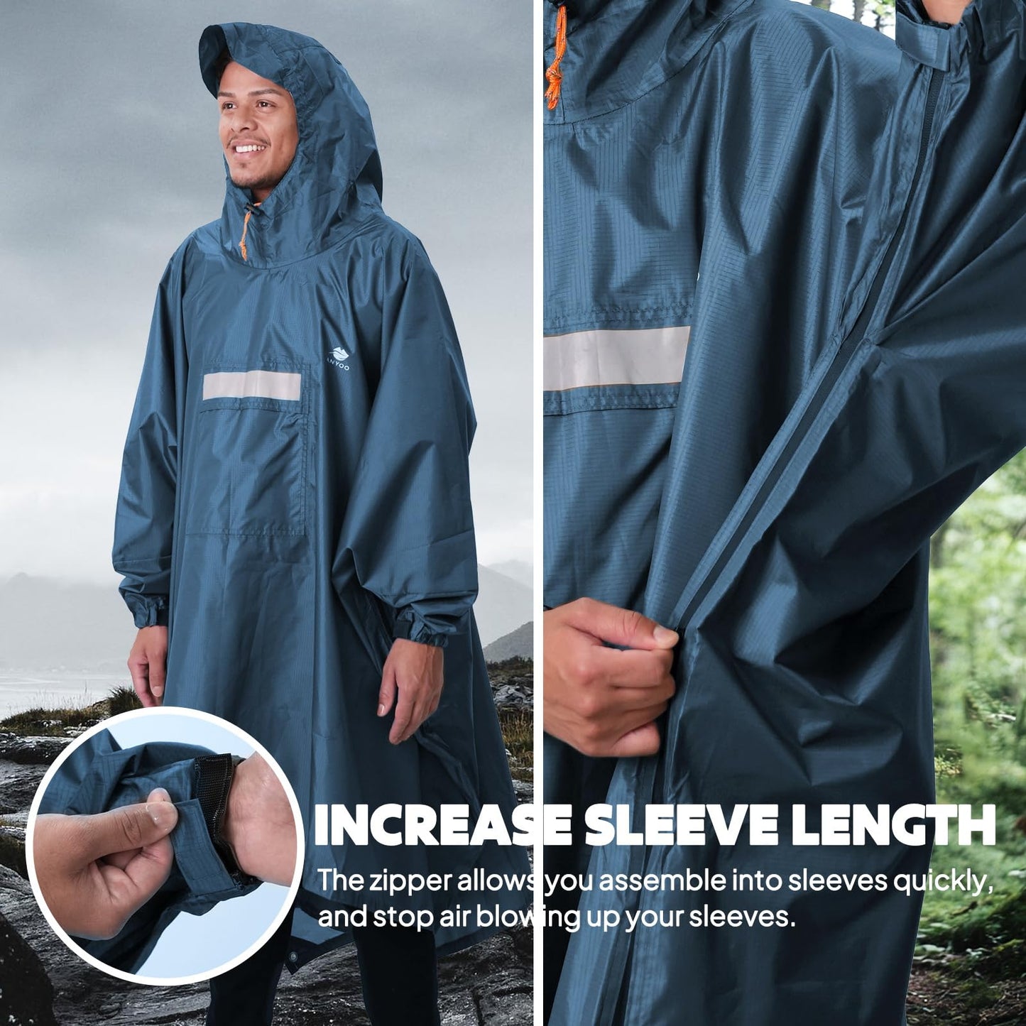 ANYOO Hooded Rain Poncho for Adults with Pocket, Waterproof Lightweight Rain Coats for Men Women Reusable Rain Jacket for Emergency Camping Outdoor Activities