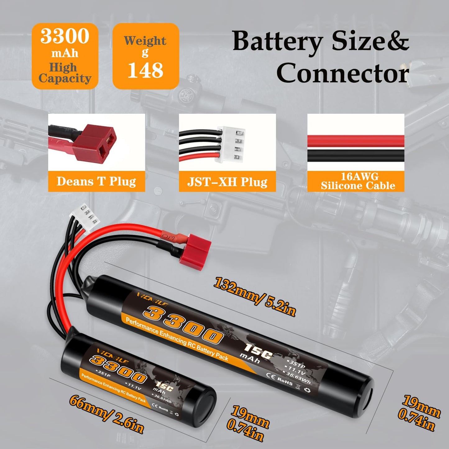 VICMILE 3300mAh Airsoft Battery 11.1V Nunchuck Battery with Dean-Style T Plug and Mini Tamiya Cable 3S Rechargeable Stick Shape Butterfly Fit for aeG AK47 M4 MP5 and Most Airsoft Model Guns Rifles