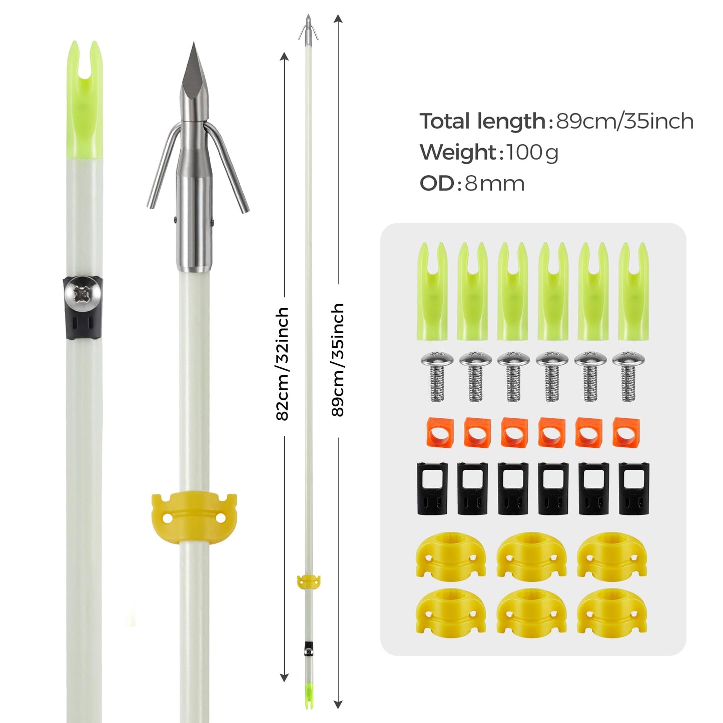 KEAUP 6 Pack 32 inch Bowfishing Arrows Luminous with Broadheads and Safty Slides Bowfishing Bow for Compound Bow Recurve Bow Fishing Hunting