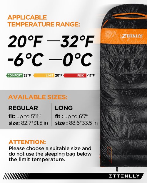 ZTTENLLY Down Sleeping Bag for Adults - Lightweight and Compact for Backpacking, Camping and Hiking - 550/600 FP, 0/20/30 Degree and 4-Season Sleeping Bag for Cold Weather
