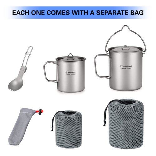 TOMSHOO Titanium Pot with Lid - Camping Mug with Foldable Handle for Hiking, Travelling, Backpacking